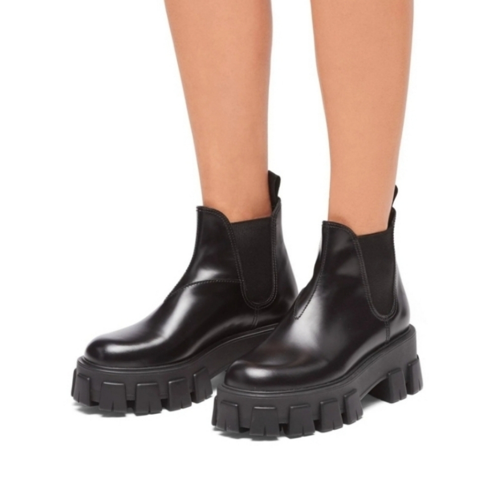 Prada Black Leather Chunky Lug-Sole Chelsea Ankle Boots